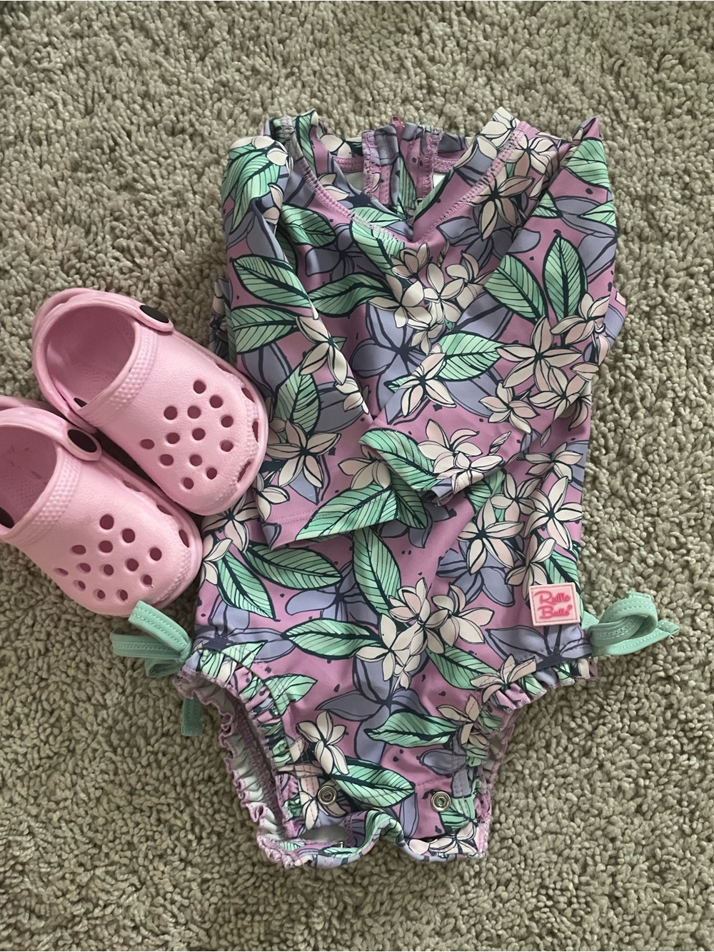 Ruffle Butts Purple Floral One-Piece with Mint Leaves baby swim suit